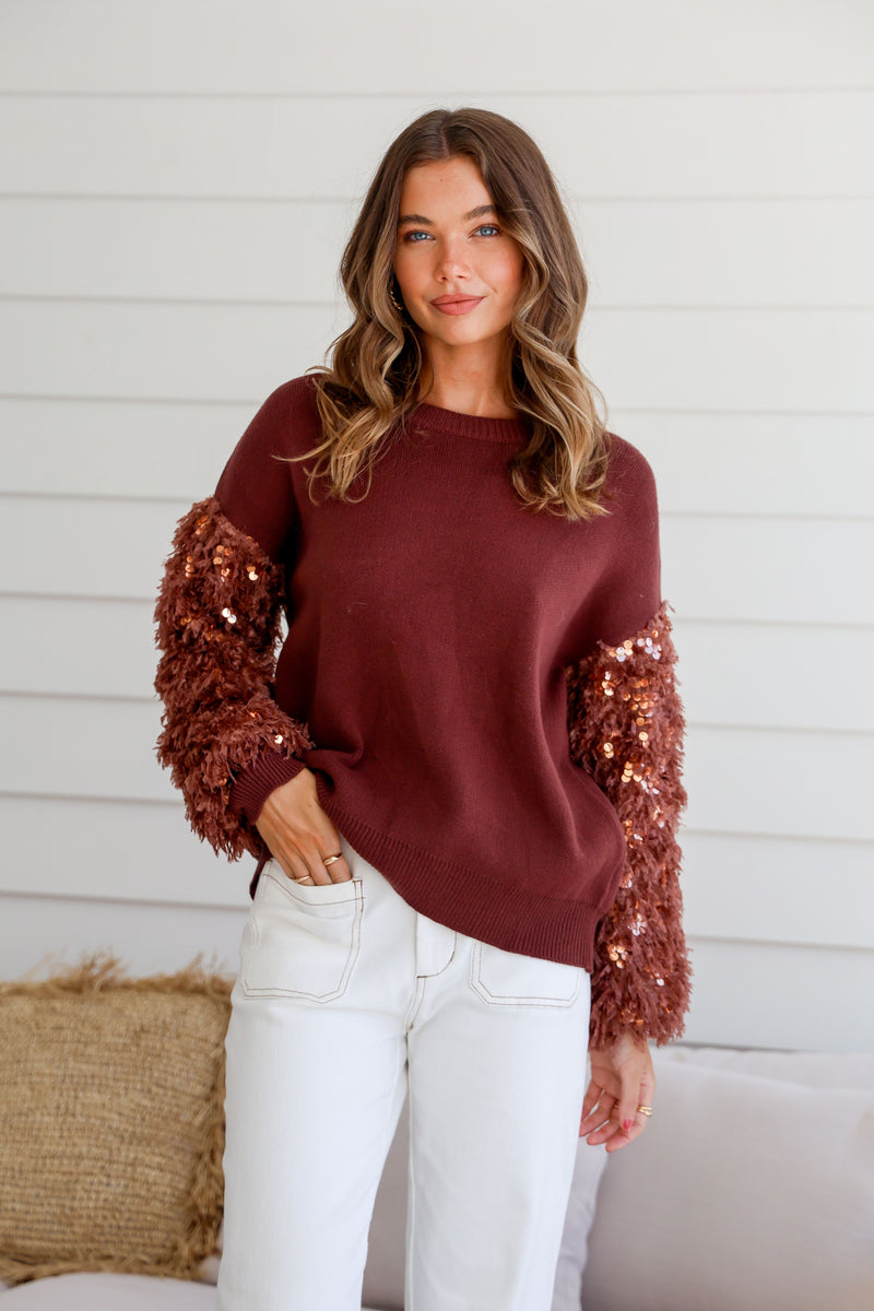 Sequin Sleeve Knit - Coffee