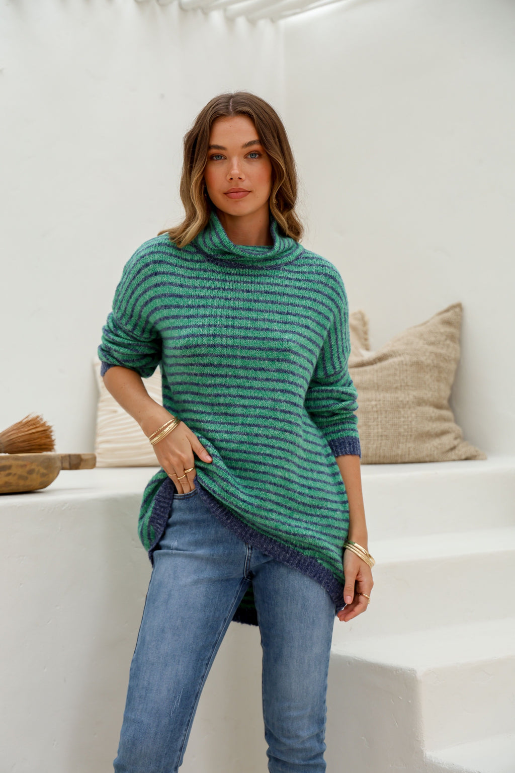 Hi Low Stripe Knit - Green/Navy