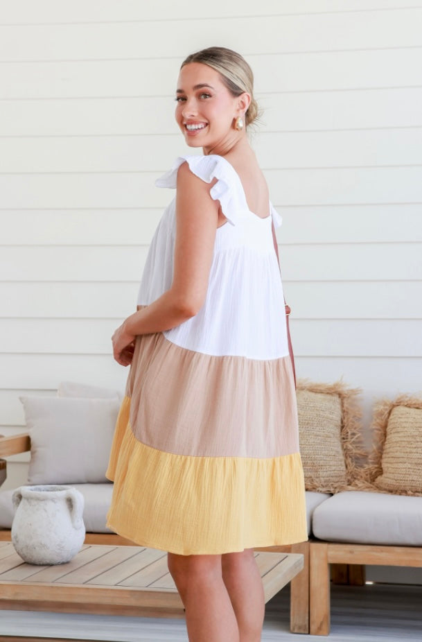 Lexia Block Dress - White/Tan/Yellow