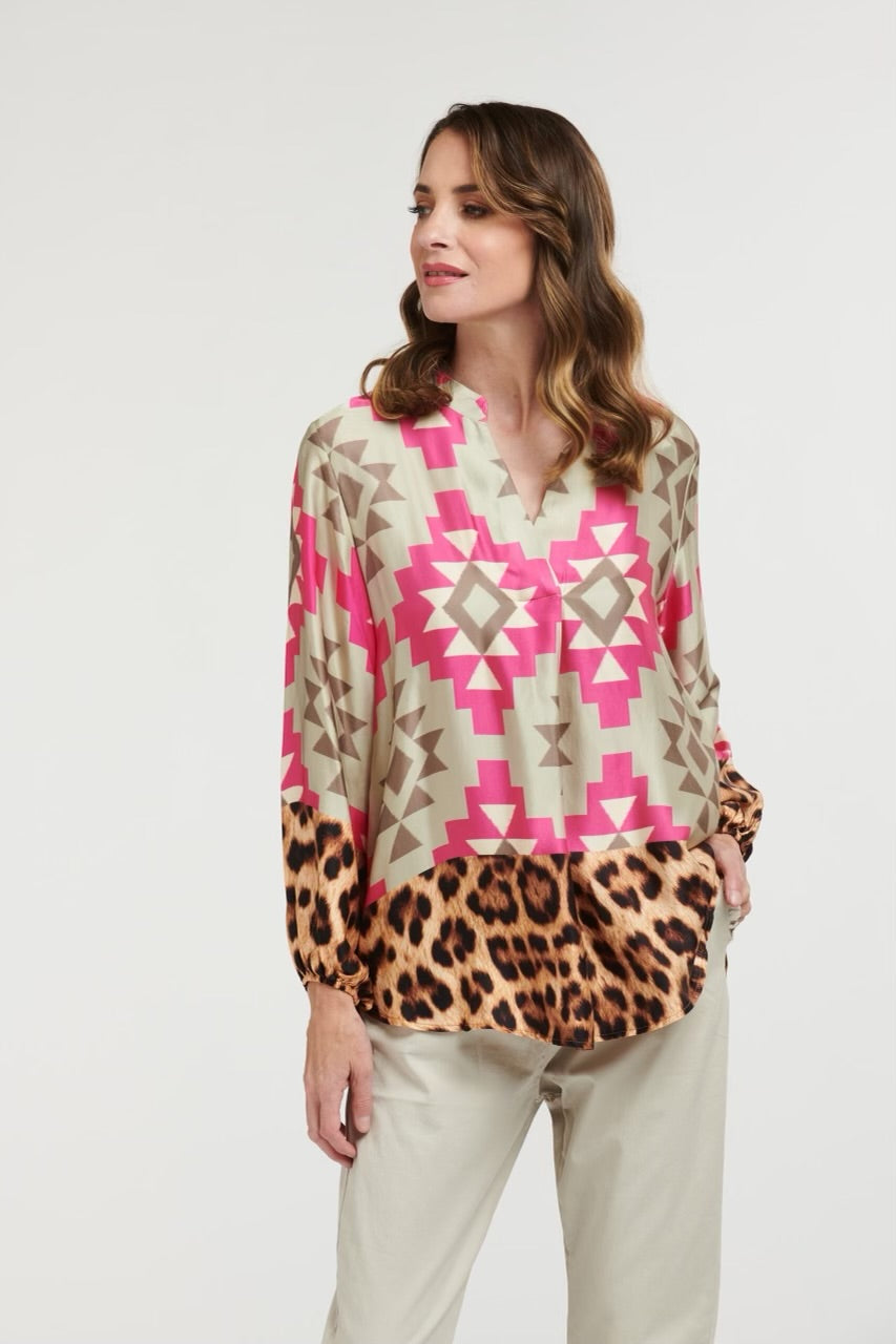 Geometric & Leopard Shirt - Beige/Pink