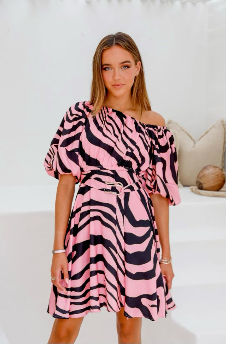 Zebra Shoulder Dress - Pink/Black