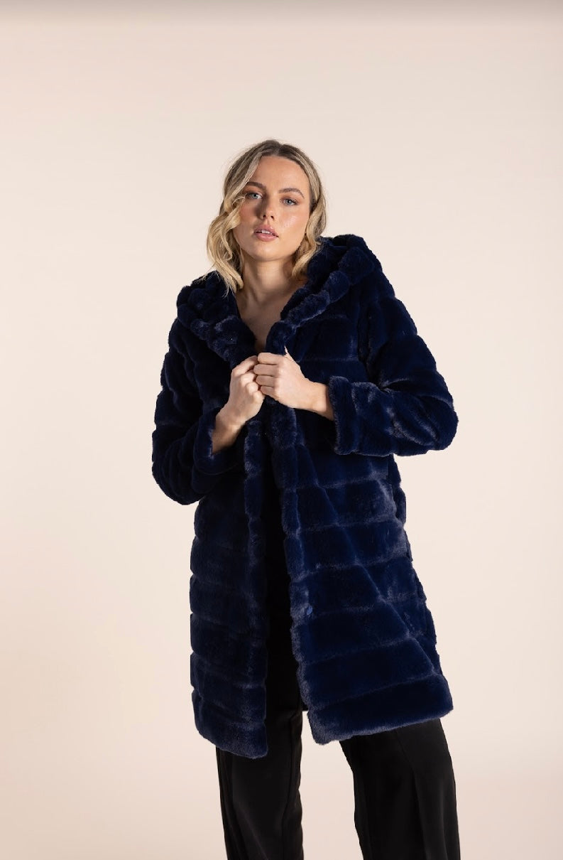 Charlotte Hooded Fur Coat - Navy