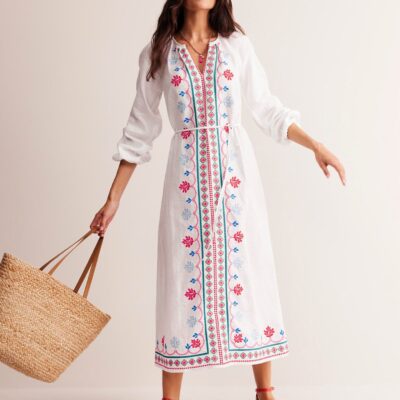 Boden Embroidered Belted Linen Dress