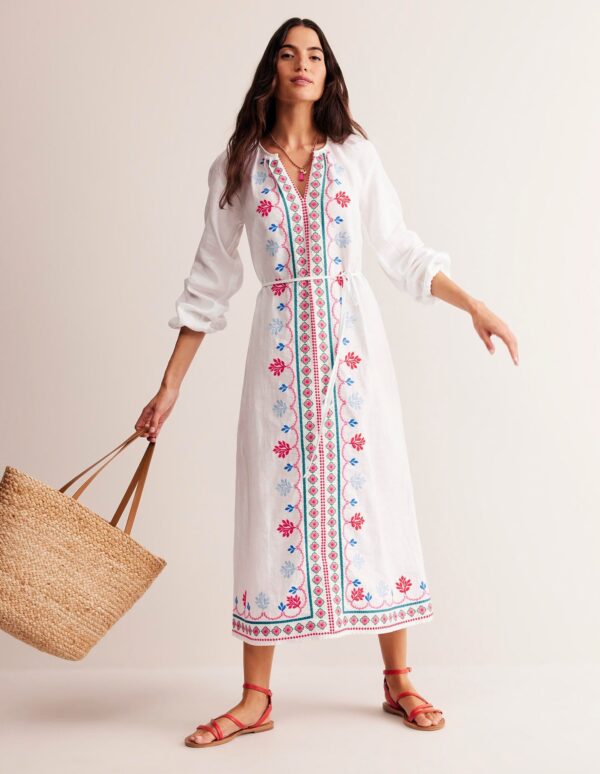 Boden Embroidered Belted Linen Dress