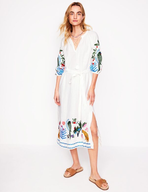 Boden Embroidered Linen Tassel Dress