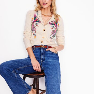 Boden Embroidered Crew Neck Cardigan