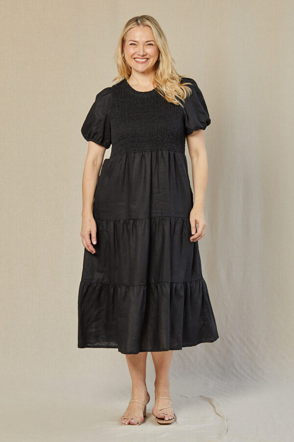Adrift Minden Linen Shirred Short Sleeve Dress - Image 3