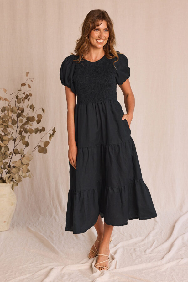 Adrift Minden Linen Shirred Short Sleeve Dress