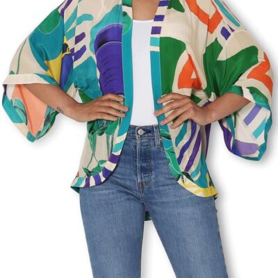 THE ARTISTS LABEL COLLAGE OF TOUCAN SILK KIMONO