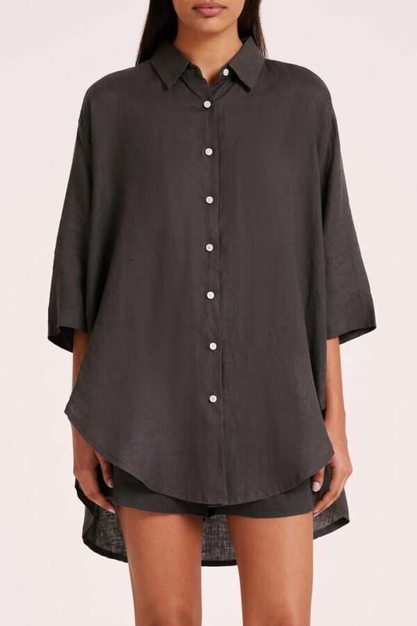 Nude Lucy Womens Lounge Linen Longline Shirt Linen Grey Size Xl