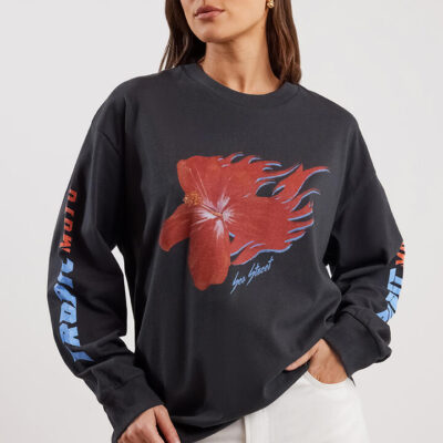Sea Street Flaming Hibiscus Racing Long Sleeve T-Shirt Washed Black