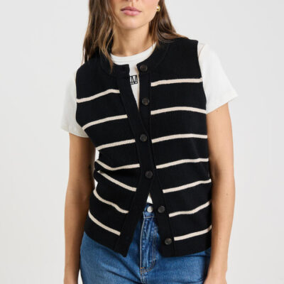Camilla And Marc Gale Button Up Sleeveless Cardigan Black & Beige Stripe