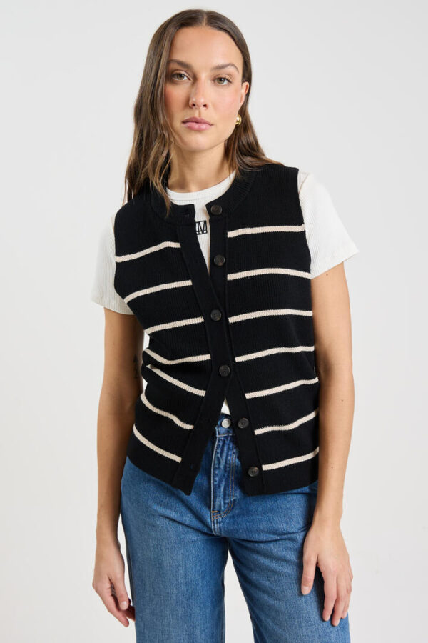 Camilla And Marc Gale Button Up Sleeveless Cardigan Black & Beige Stripe