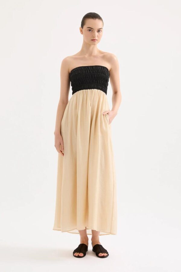 Nude Lucy Frances Shirred Maxi Dress Linen Yellow