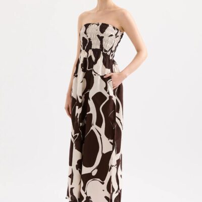Nude Lucy Ombra Shirred Maxi Dress Linen Print