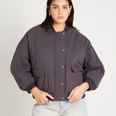 Subtitled Quilt Detail Oversized Bomber Jacket