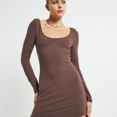 Alice In The Eve Larissa Scoop Neck Long Sleeve Mini Dress Chocolate Brown