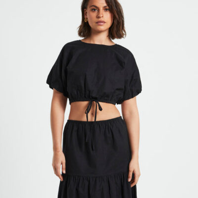 Subtitled Melody Linen Puff Short Sleeve T-Shirt in Black