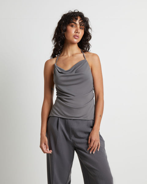 Alice In The Eve Frankie Slinky Cowl Neck Halter Top in Slate Grey