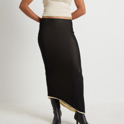 Neon Hart Amerie Asymmetric Hem Contrast Mesh Midi Skirt in Black
