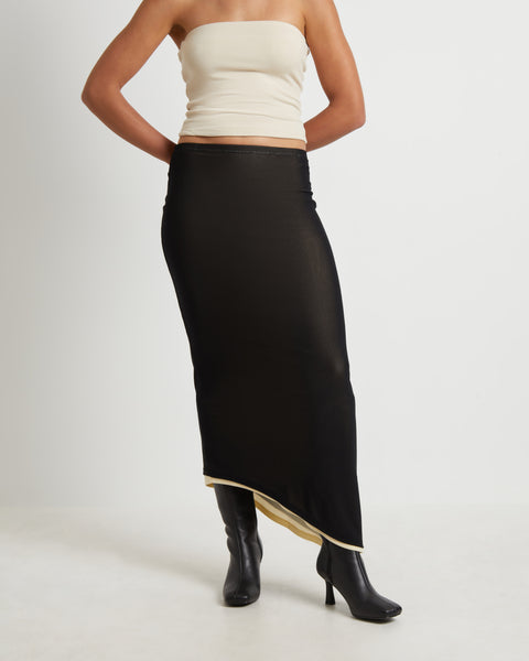 Neon Hart Amerie Asymmetric Hem Contrast Mesh Midi Skirt in Black