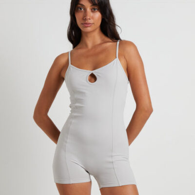 Subtitled Sports Club Gather Back Seam Unitard in Biscuit Beige