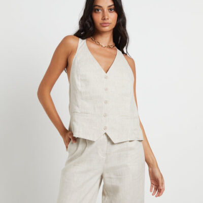 Subtitled Naomi Linen Halter Vest in Oat Marle