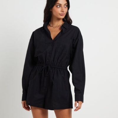 Subtitled Joslin Boxy Long Sleeve Shirt Playsuit in Black