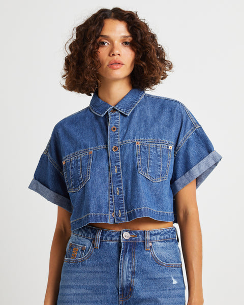 One Teaspoon Cropped Western Denim Shirt
