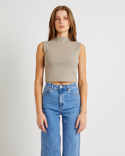 Abrand Heather Icon Mock Neck Top Dusty Olive
