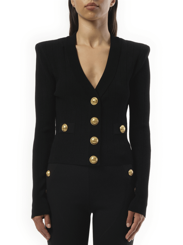 Balmain V-Neck 2 Pockets Buttoned Knit Cardigan in Black