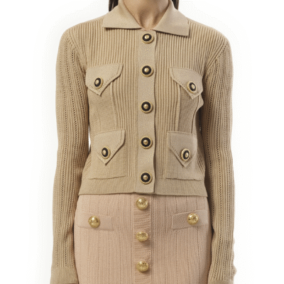 Balmain 4 Pockets Buttoned Ribbed Knit Cardigan in Nude Rose