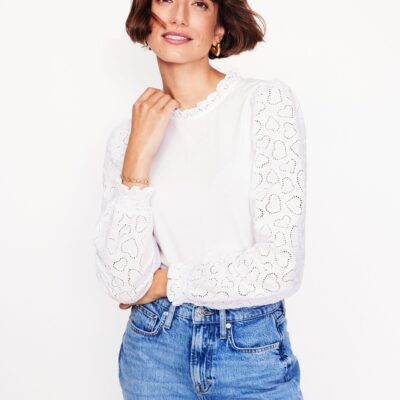 Boden Broderie Sleeve Frill Neck Top