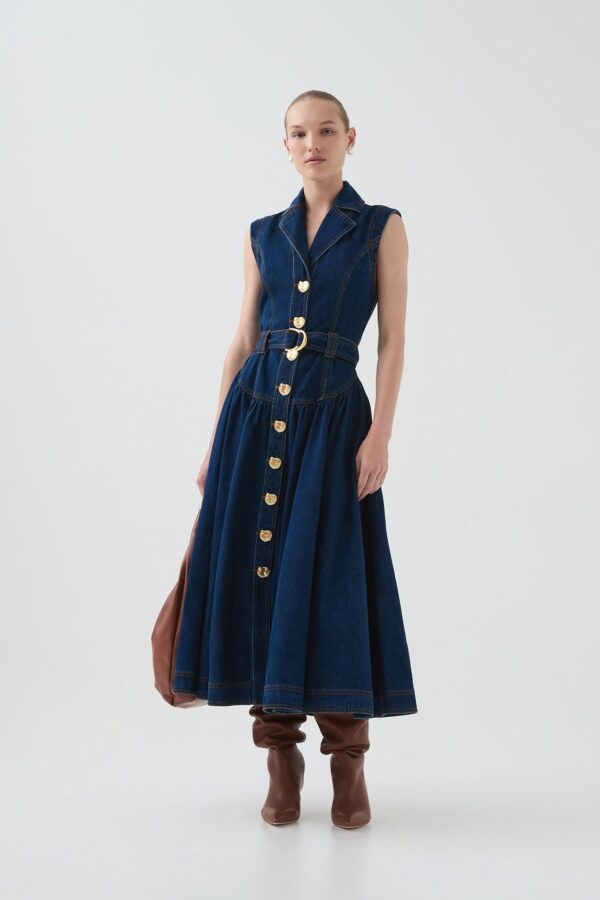 Aje. Elena Belted Denim Midi Dress