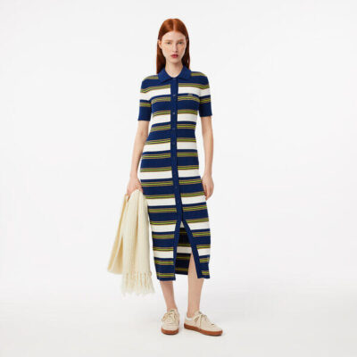 Lacoste Rib Knit Striped Shirt Dress