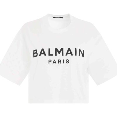 Balmain Logo Print Cropped T-Shirt in White/Black