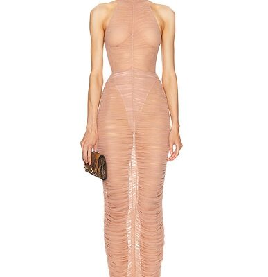 Alex Perry Ruched Mesh Maxi Dress