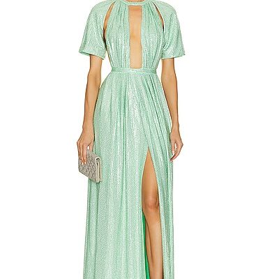 AREA Crystal Embellished Flutter Sleeve Gown