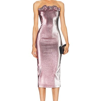AREA Stretch Lame Rosette Midi Dress