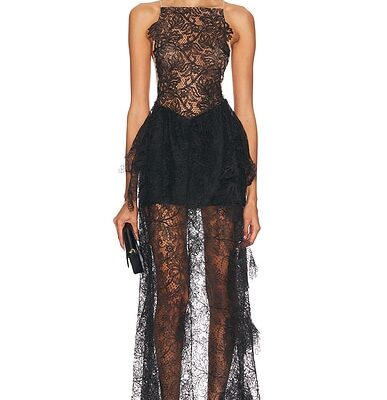 David Koma Open Side Lace Ruffle Gown