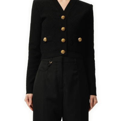 Balmain Buttoned V Neck Vichy Knit Cardigan in Black