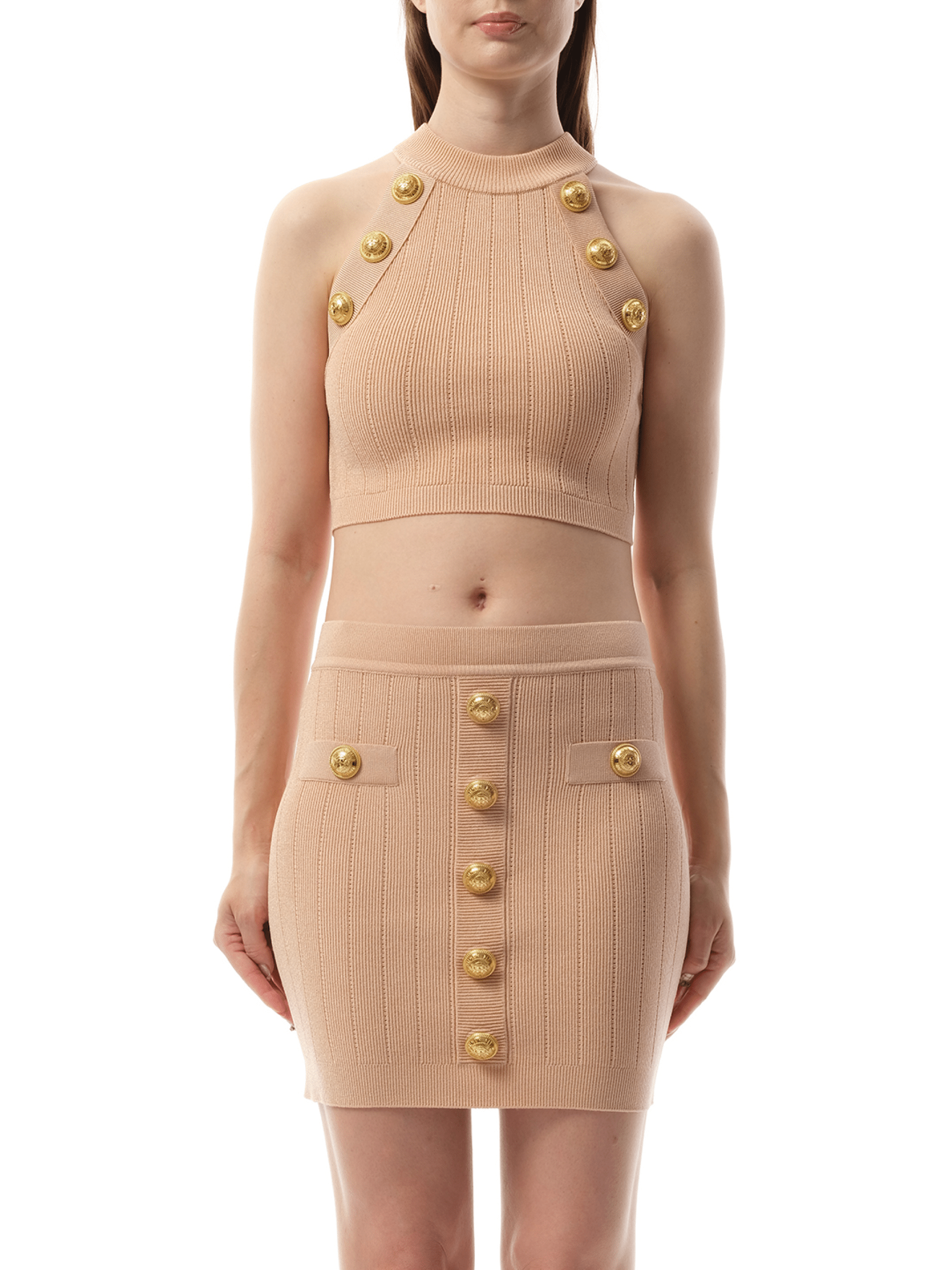 Balmain 6 Button Halterneck Knit Cropped Top in Nude Rose - Miss Nelly