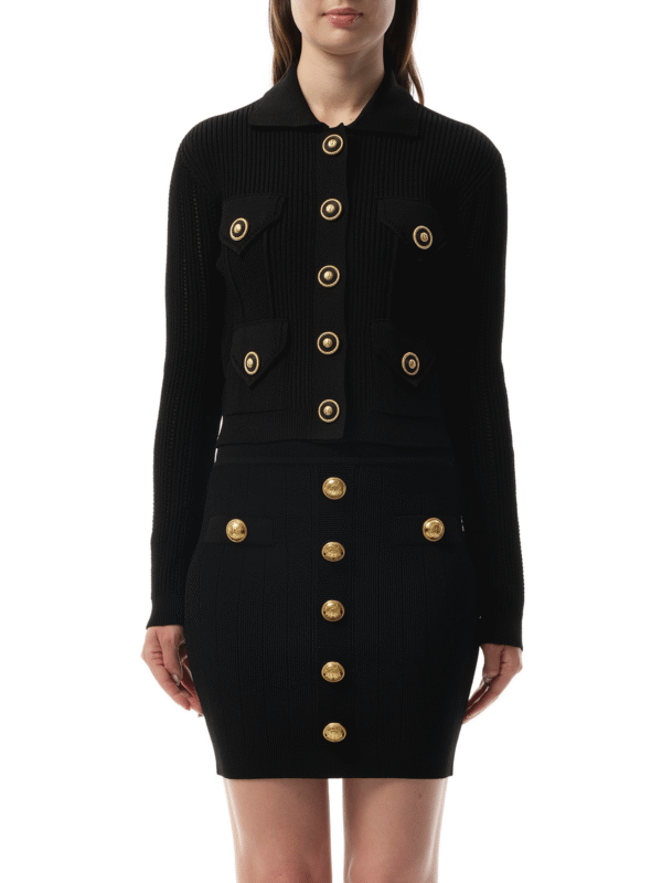 Balmain 4 Pockets Buttoned Ribbed Knit Cardigan in Black