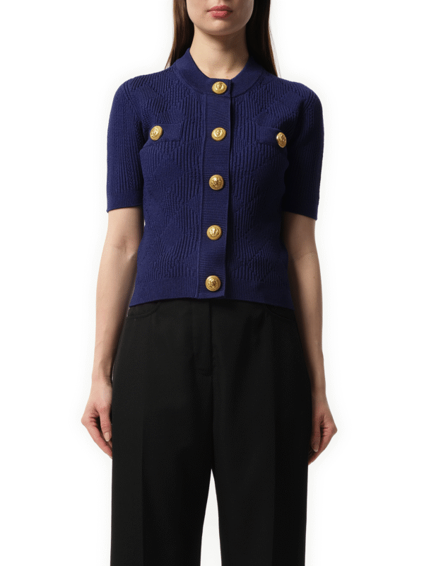 Balmain Buttoned 2 Pockets Vichy Knit Cardigan in Midnight Blue
