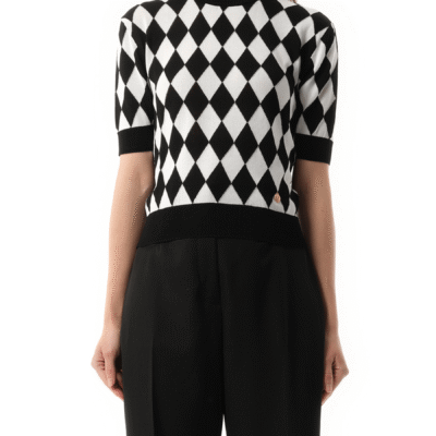 Balmain Short Sleeve Diamond Intarsia Knit Top in Black/White