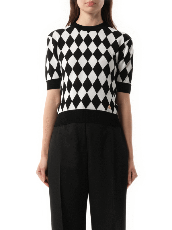 Balmain Short Sleeve Diamond Intarsia Knit Top in Black/White
