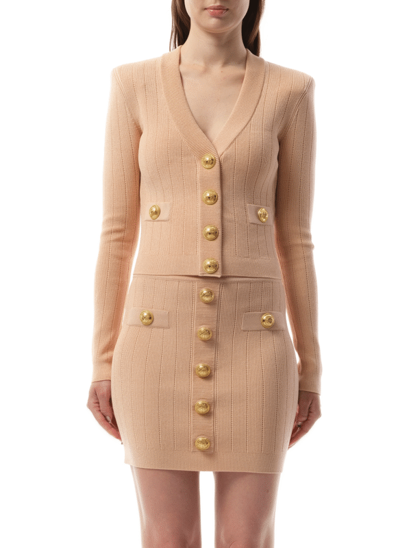 Balmain V-Neck 2 Pockets Buttoned Knit Cardigan in Nude Rose