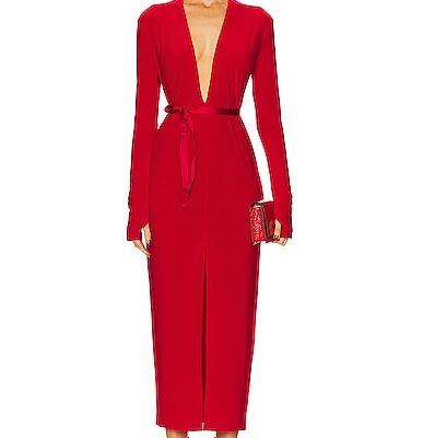 Norma Kamali Long Sleeve Deep V Neck Center Front Slit Gown