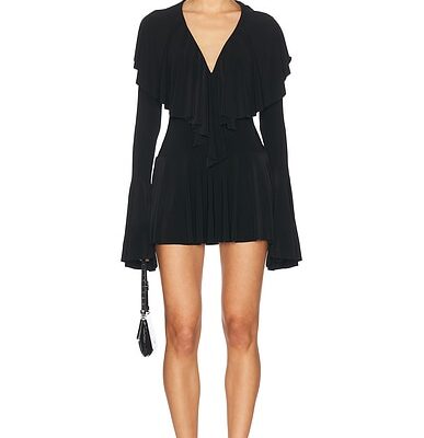 Norma Kamali Long Sleeve Deep V Ruffle Mini Dress