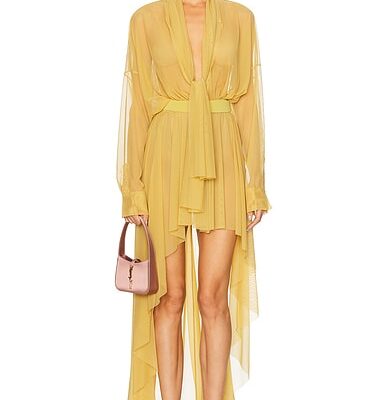 Norma Kamali Hi Low Super Oversized Boyfriend Shirt Flared Gown With Bow